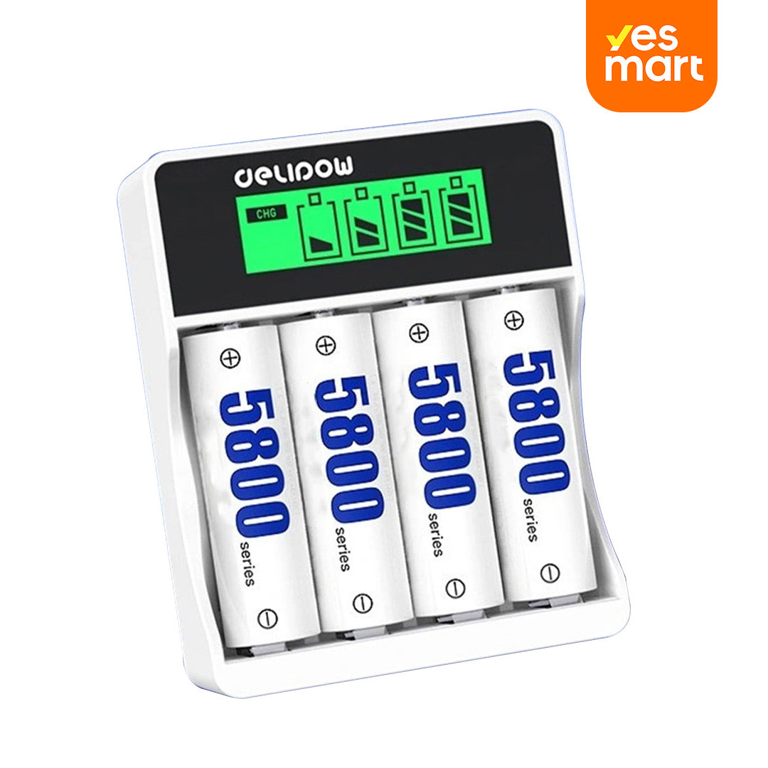 Baterías Recargables AA de Litio5800mWh con Cargador USB LCD Rápido de 2 Horas, 1.5V y 1500 Ciclos para Electrónicos, Teléfonos Inalámbricos y Controles Remotos - BT005