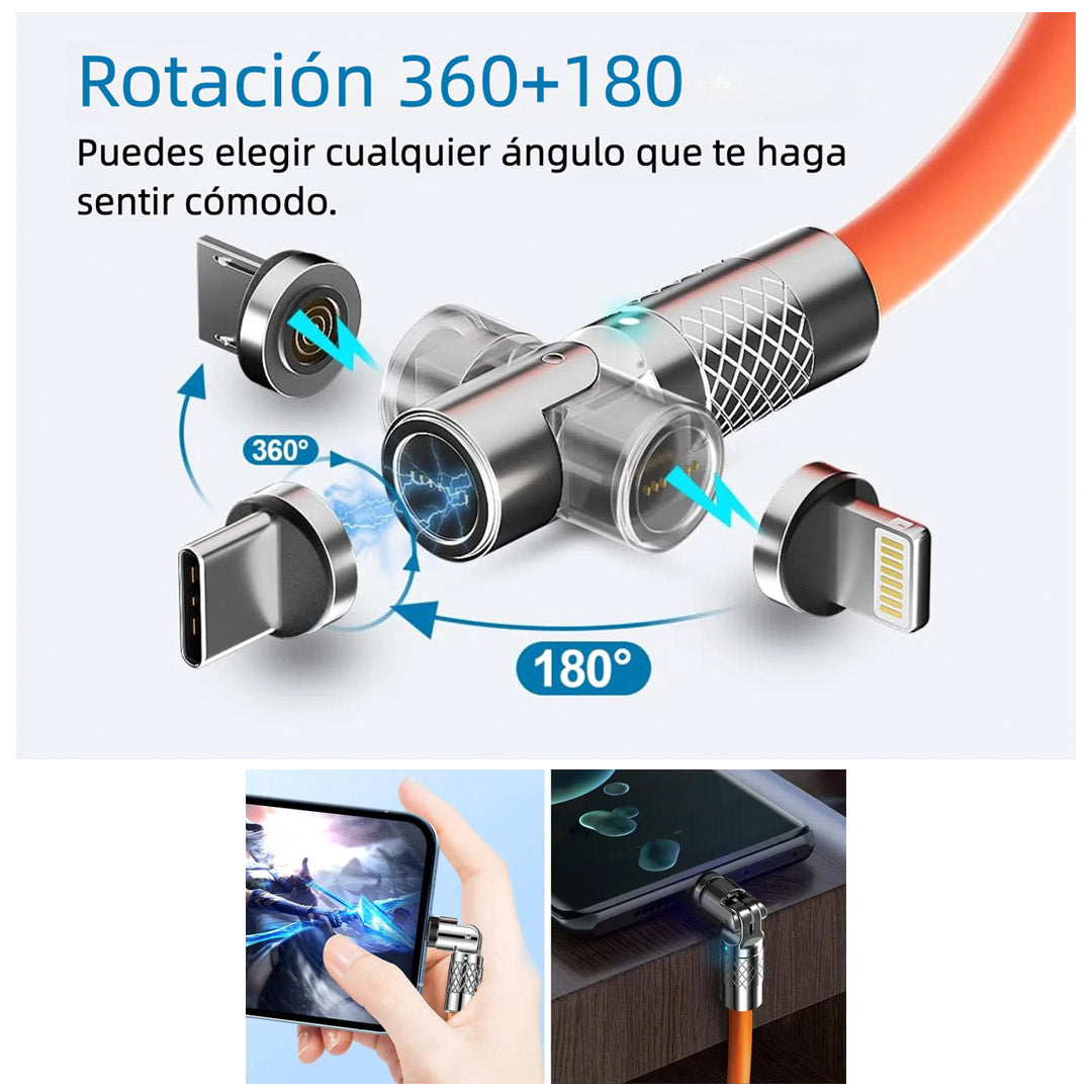 Cable de Carga Magnético 3 en 1 120W con Giro de 540° – Compatible con Lightning, USB-C y Micro USB - CI017