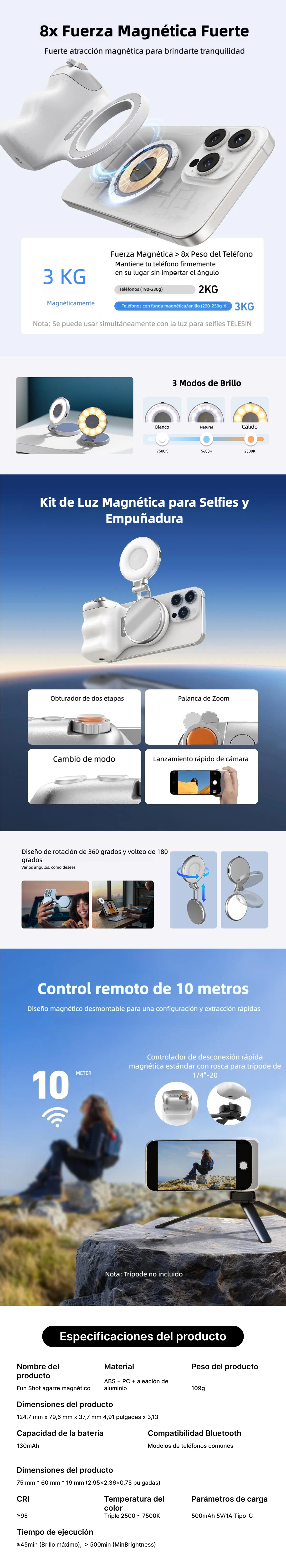 Kit Creador TELESIN: Fun Shot Grip Magnético + Luz Selfie C03, Compatible iPhone MagSafe & Android - SC016