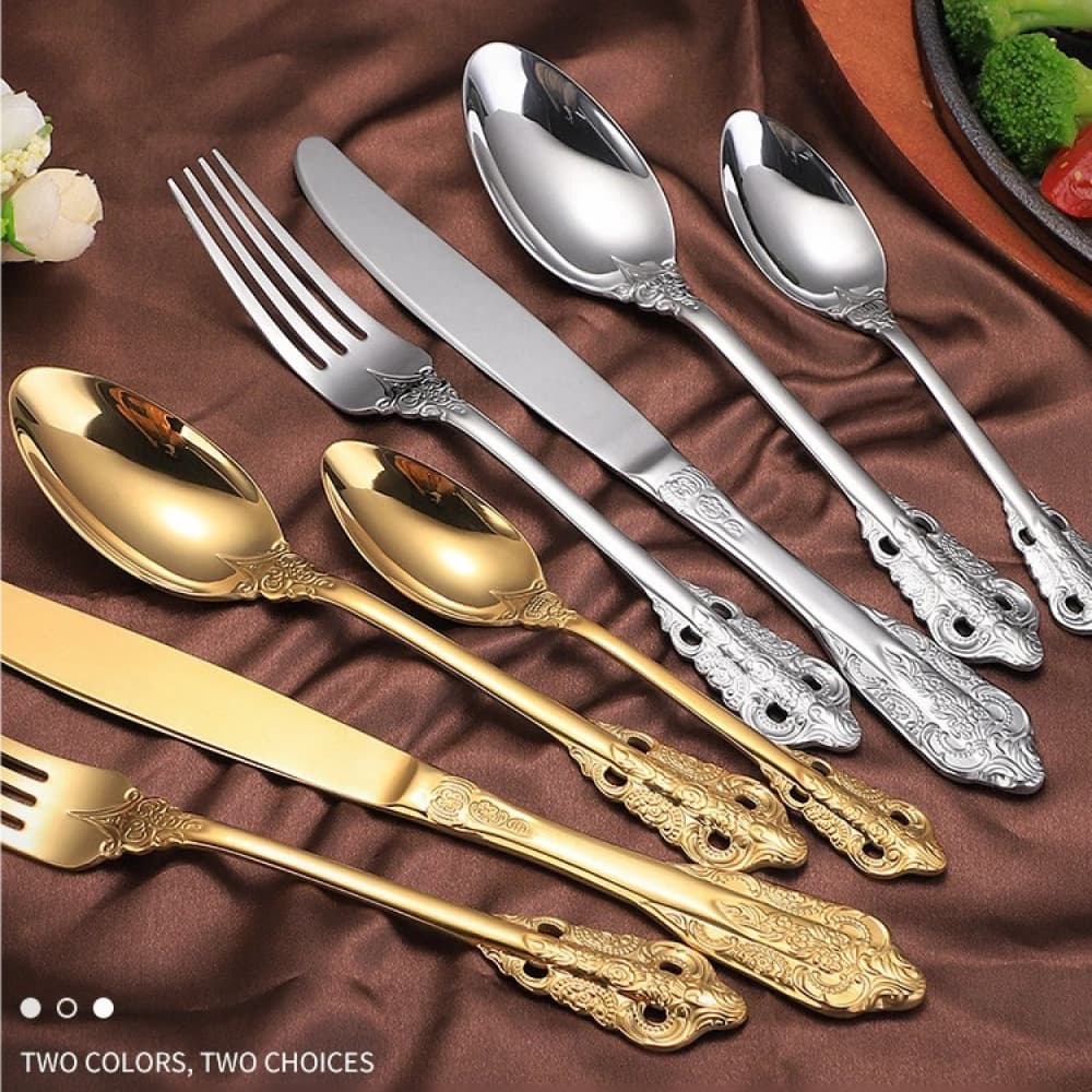 Juego de cubiertos vintage 4 pzas | Acero inoxidable 304 dorado, diseño imperial