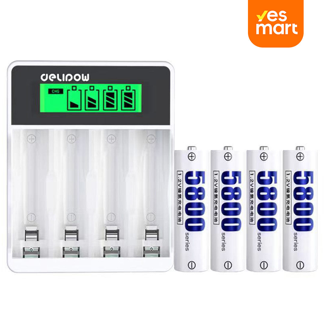 Baterías Recargables AA de Litio5800mWh con Cargador USB LCD Rápido de 2 Horas, 1.5V y 1500 Ciclos para Electrónicos, Teléfonos Inalámbricos y Controles Remotos - BT005
