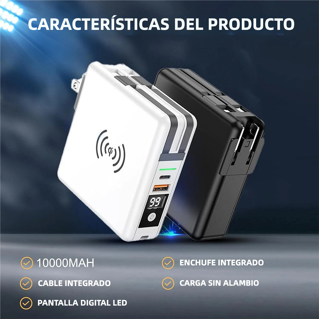 Banco de Energía 5 en 1 Internacional 10000mAh, Cargador Portátil Inalámbrico con Enchufe AC y Cable Integrado (Type-C y Lighting USB) - 4 Salidas y 2 Entradas BP005 - Yesmart