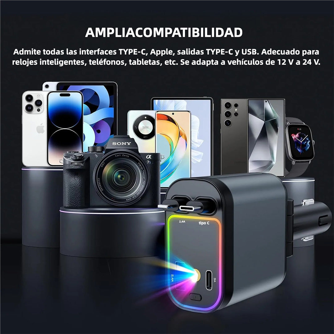 Cargador de Coche con Estrella, Cargador USB-C 66W para Automóvil, 4 en 1 con Cable Retráctil, 2 Puertos USB, Cargador para Teléfono de Coche - CI016