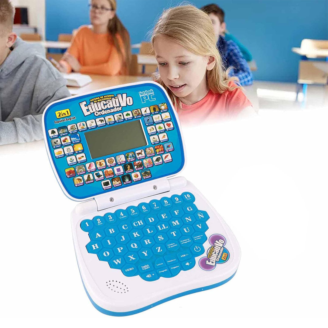 Laptop Educativa Bilingüe para Niños, Juguete Interactivo en Español e Inglés, Aprendizaje de Letras, Números, Palabras y Matemáticas, Computadora Infantil con Música y Luces JC013