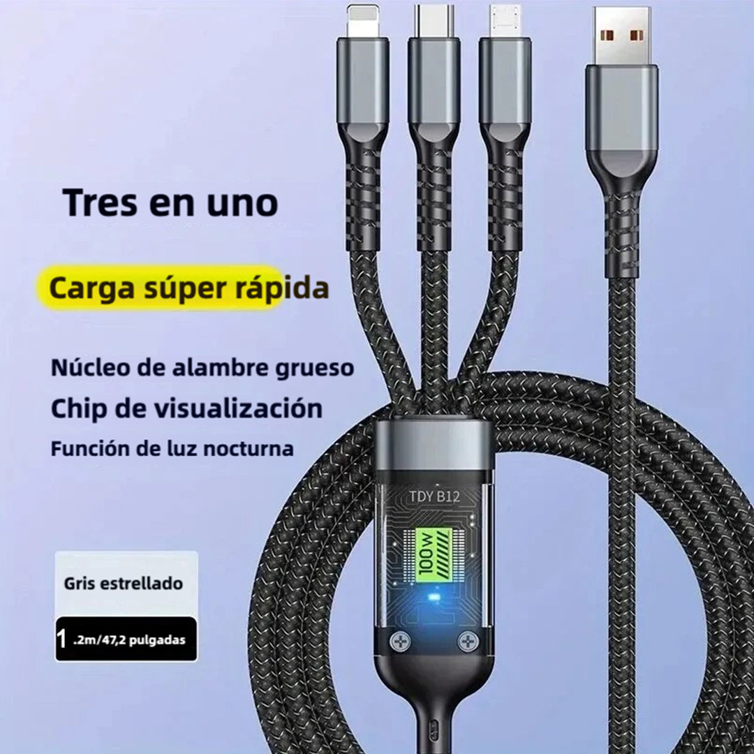 Cable de Carga Rápida 3 en 1 con Conectores Tipo-C, Micro USB y Conectores Universales, Cable Trenzado de Nylon, Carga Rápida de 100W CI010 - Yesmart