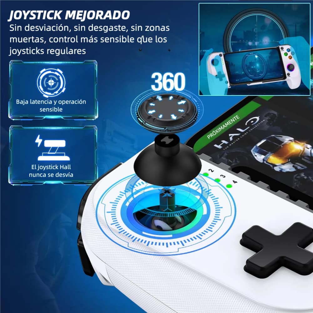 Control para Celular Gamer AJ007 para iPhone/Android con Luces Led, Joysticks Hall, Turbo y Soporte para Funda AJ007