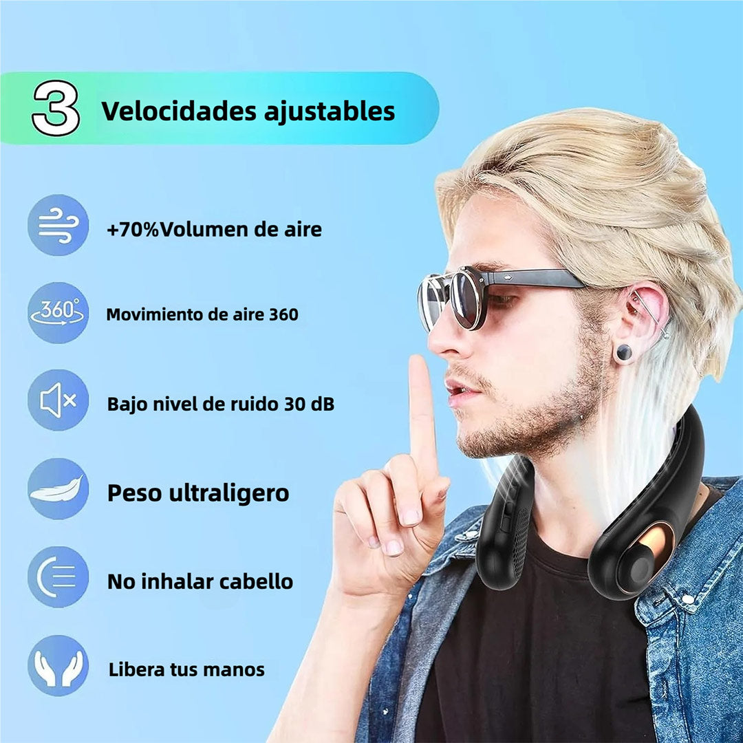 Ventilador de Cuello sin Aspas – Portátil, Recargable, 360° de Flujo de Aire, Súper Silencioso, 3 Velocidades, Batería de 4000mAh, Manos Libres para Uso en Interior y Exterior – VM003
