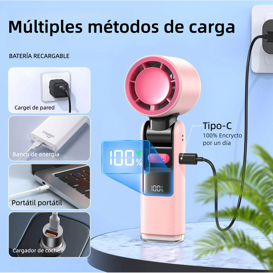 Ventilador Turbo Portátil de Mano 3 en 1, Mini Ventilador Recargable 6000mAh con 5 Velocidades, Pantalla LED y 24H de Duración para Viajes, Trabajo y Exteriores – VM007