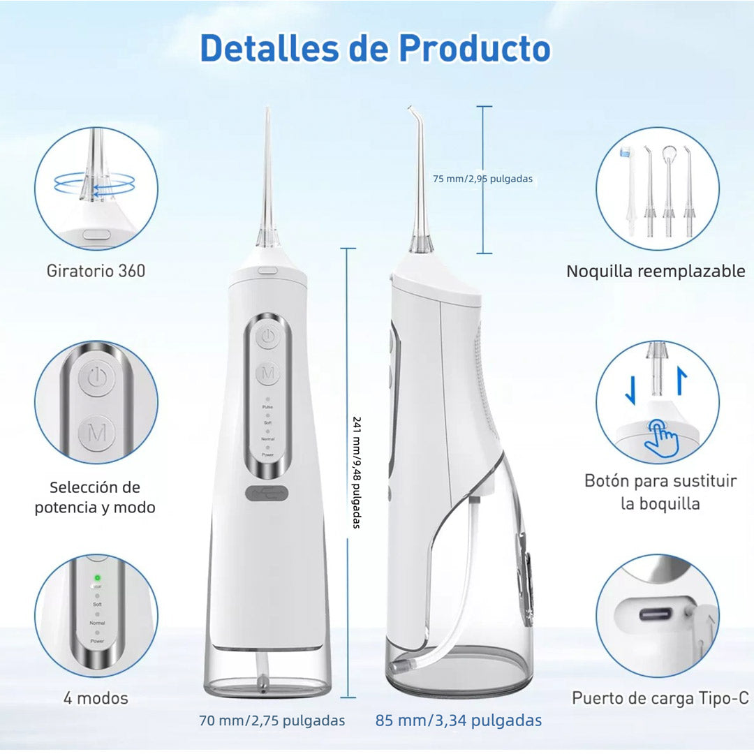 Limpiador Dental Portátil Recargable, Irrigador Bucal Potente, 4 Modos de Presión para Limpiar los Dientes, Must-Have para Viajes y Familia - CS003