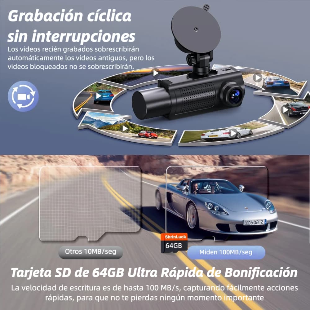 Miden X5 Cámara Dash Cam 4K WiFi Frontal + Interior + Trasera – Grabación 2160P/1080P, Visión 360°, 3 Canales, con Tarjeta SD 64GB Incluida