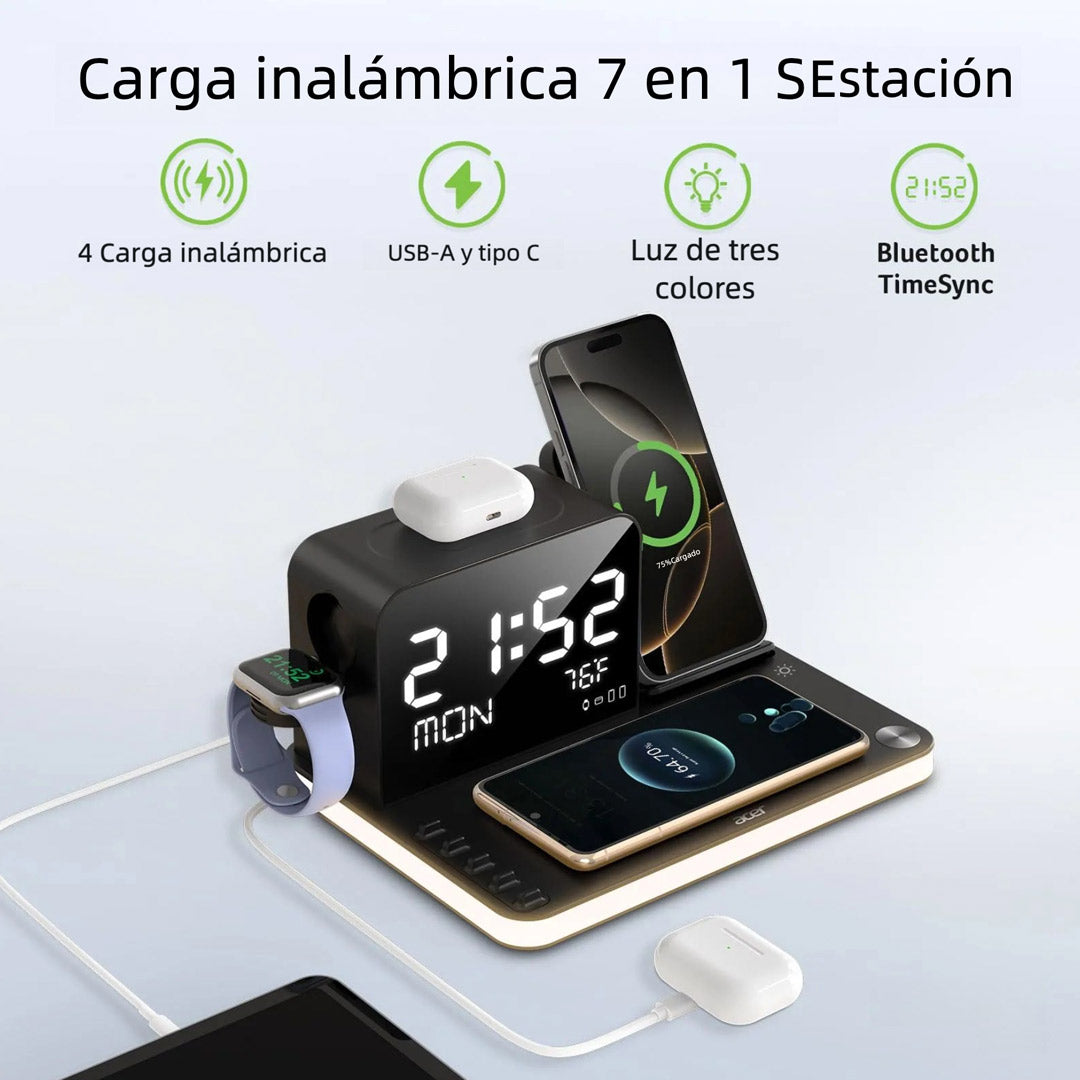 Estación de Carga Inalámbrica 7 en 1 con Reloj Bluetooth y Luz Ambiental – CI018