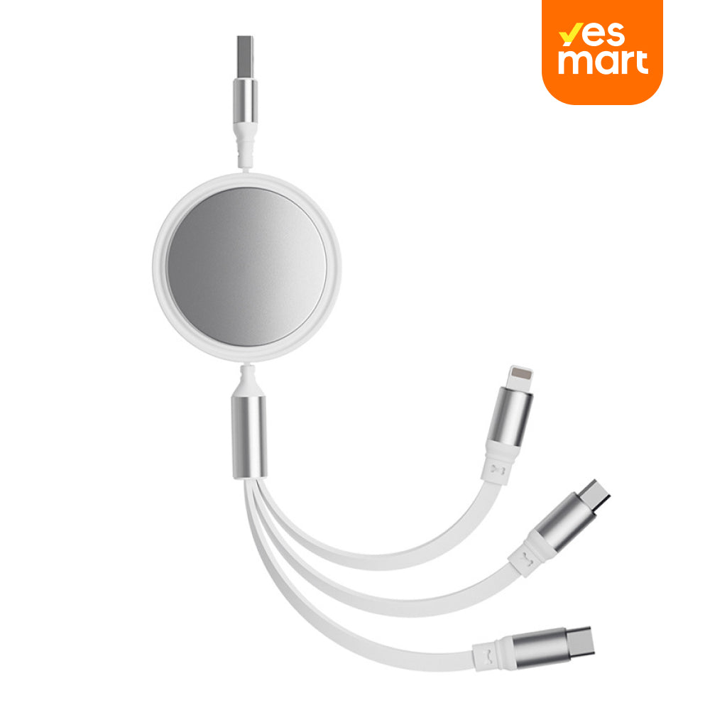 Cable de Carga 3 en 1 Retráctil para Auto, USB-C/Lightning/Micro USB, Portátil con Aluminio - CI022