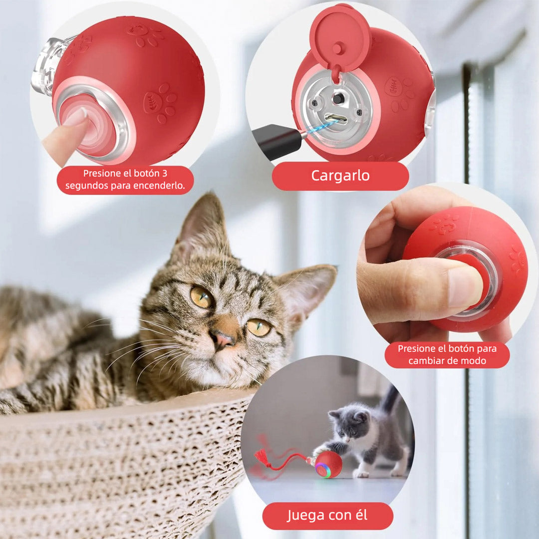 Juguete Interactivo para Gatos de Interior – Bola Rodante con Luz, Sonido de Pájaro y Cola Giratoria, Recargable por USB, Activación por Movimiento, para Alfombra y Madera – JM001