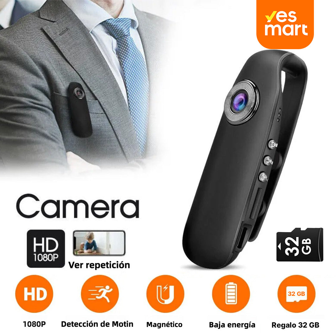 Cámara Corporal Mini 1080P HD con Detección de Movimiento, Batería Recargable, 180 Min de Grabación, Soporta Tarjeta SD hasta 64GB (Incluye Tarjeta MicroSD de 32GB GRATIS) CC003