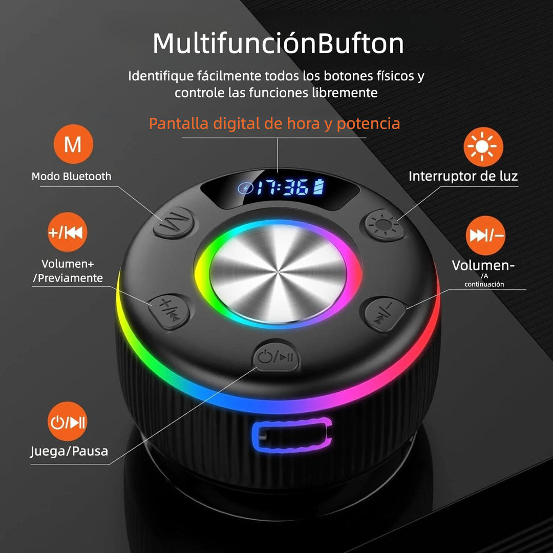 Altavoz Bluetooth para Ducha, Altavoces Portátiles IP7 a Prueba de Agua con Succión y Pantalla de Tiempo, Luces LED Dinámicas y Emparejamiento Estéreo Dual, Altavoz Inalámbrico con Micrófono para Baño, Playa – BS020