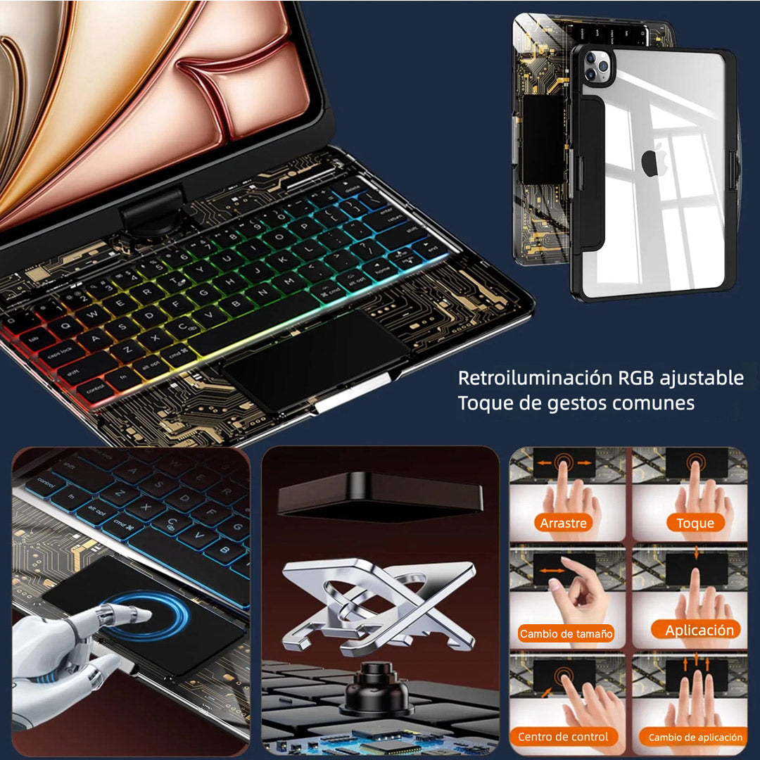Teclado Inalámbrico Bluetooth 360° con Trackpad Multitáctil para iPad Air 11 Pro 13 2024, 10,9 10,2 Pulgadas, Retroiluminado y con Soporte para Apple Pencil - KM009