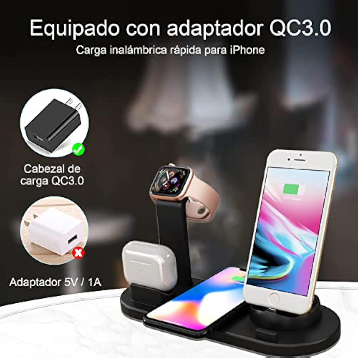 Cargador Inalámbrico 6 en 1 con QC3.0, Soporte para iPhone, AirPods, Samsung y Más CI004 - Yesmart