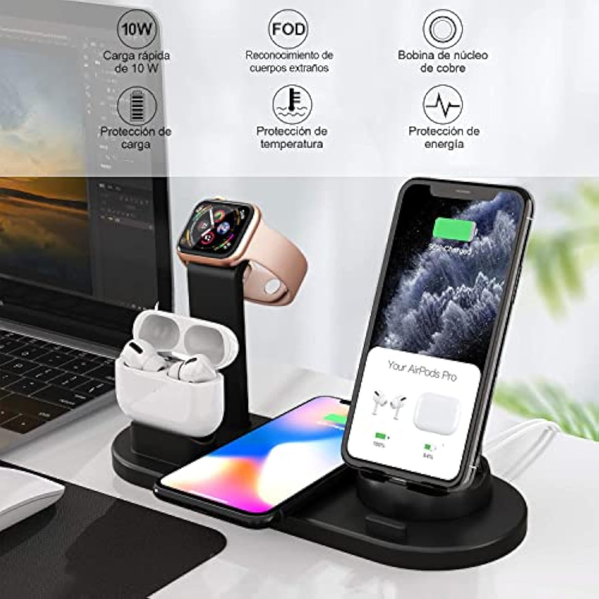 Cargador Inalámbrico 6 en 1 con QC3.0, Soporte para iPhone, AirPods, Samsung y Más CI004 - Yesmart