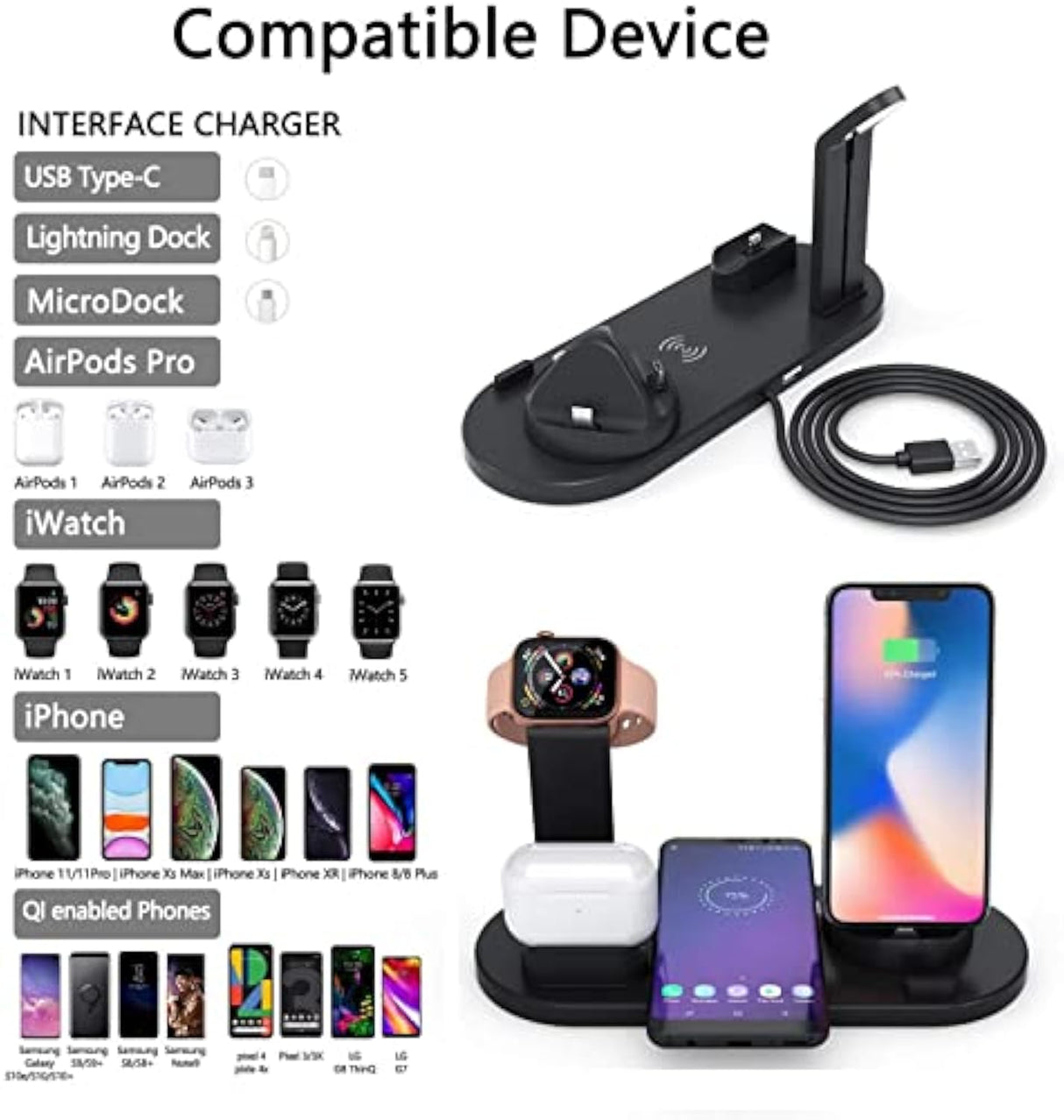Cargador Inalámbrico 6 en 1 con QC3.0, Soporte para iPhone, AirPods, Samsung y Más CI004 - Yesmart