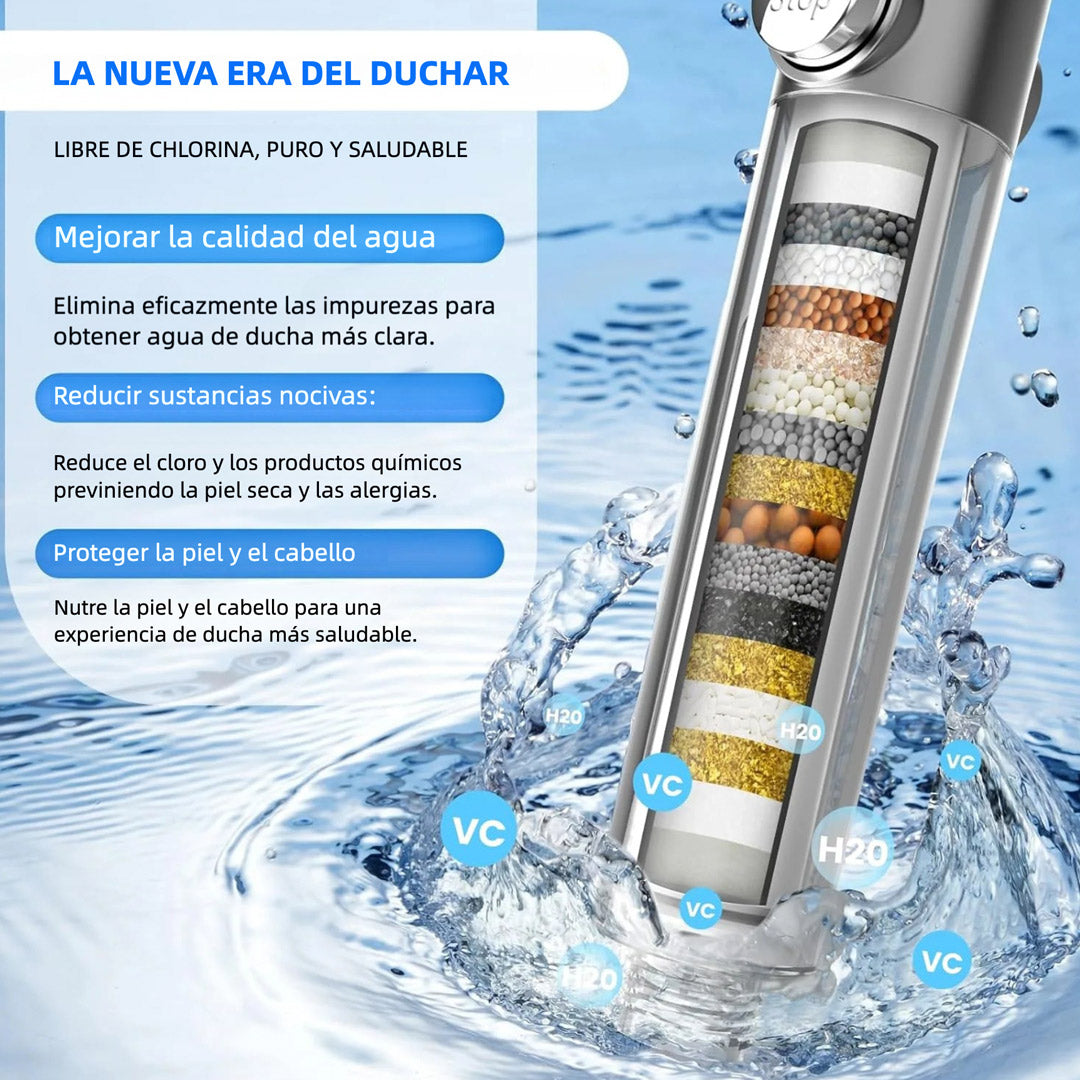 Cabezal de Ducha Filtrado con Mango, Alta Presión y Múltiples Modos de Rocío, Ducha con Filtro, Lavado a Presión para Agua Dura - AB001