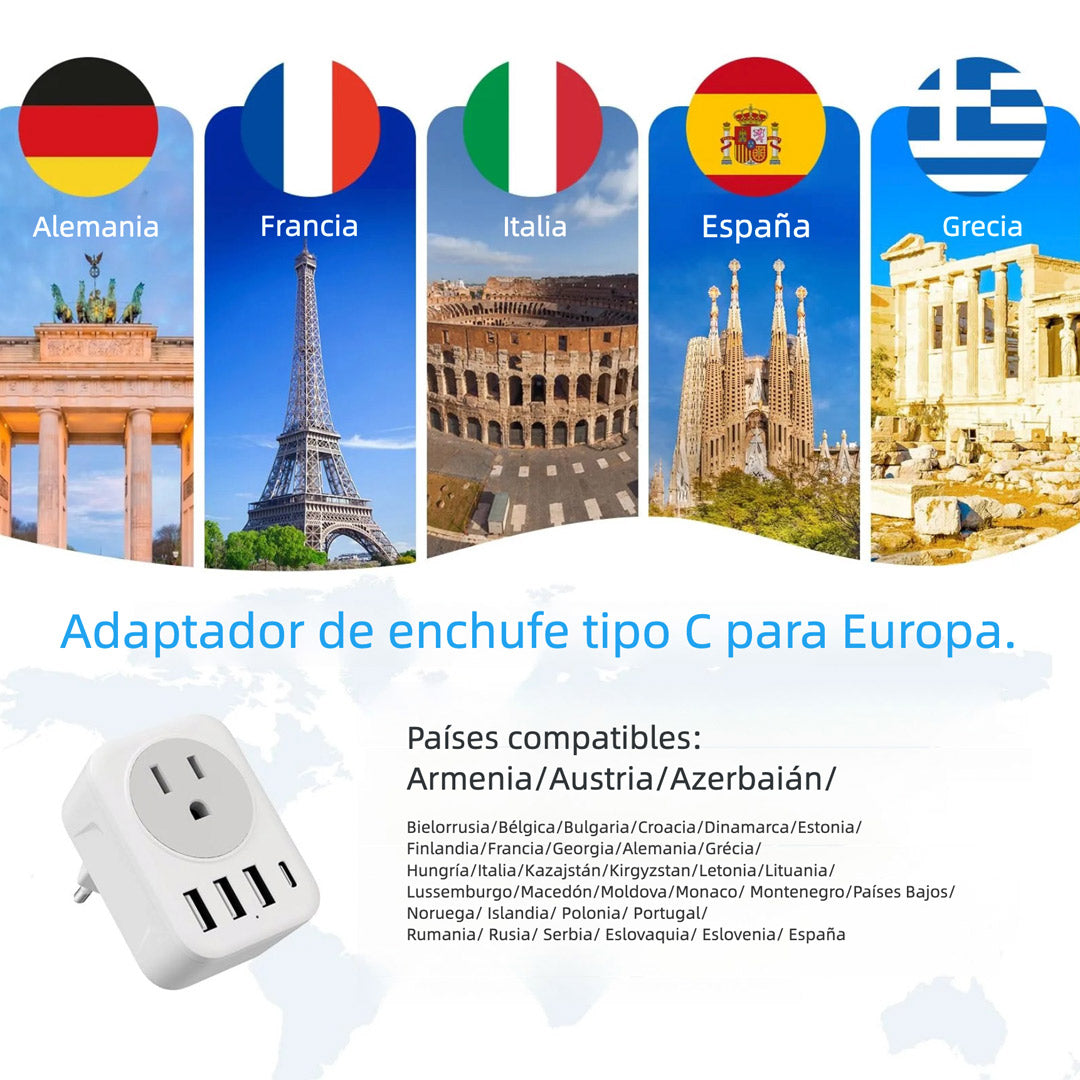 Adaptador de Enchufe Europeo 5 en 1 con 3 USB-A y 1 USB-C – CI019