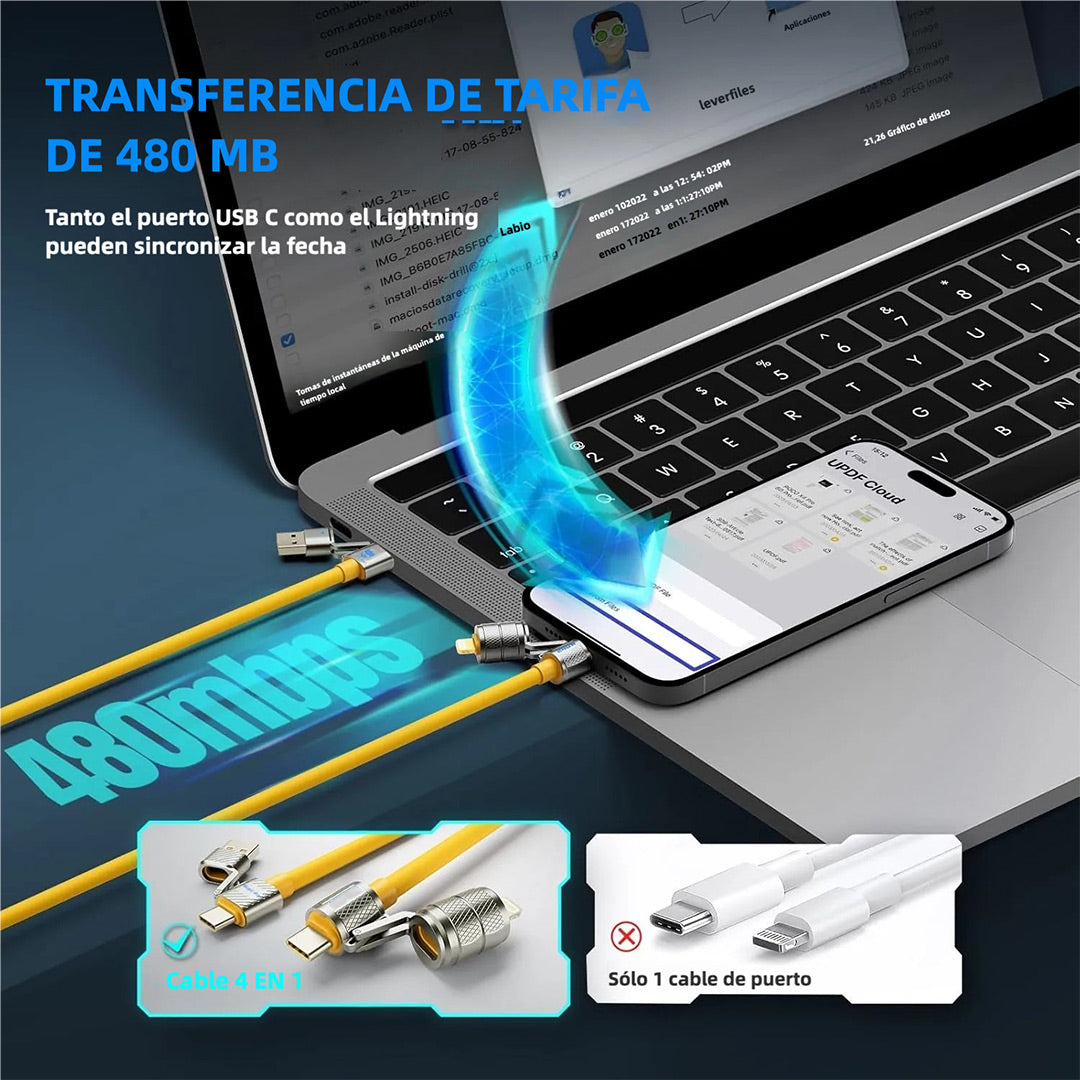 Cable de Carga Multifuncional 4 en 1 USB MAX 240W Carga Rápida/ Cable de Carga con USB A + Tipo C para iPhone 16/15 14 13, iPad, Samsung Galaxy, MacBook, Tablets y Más - CI015
