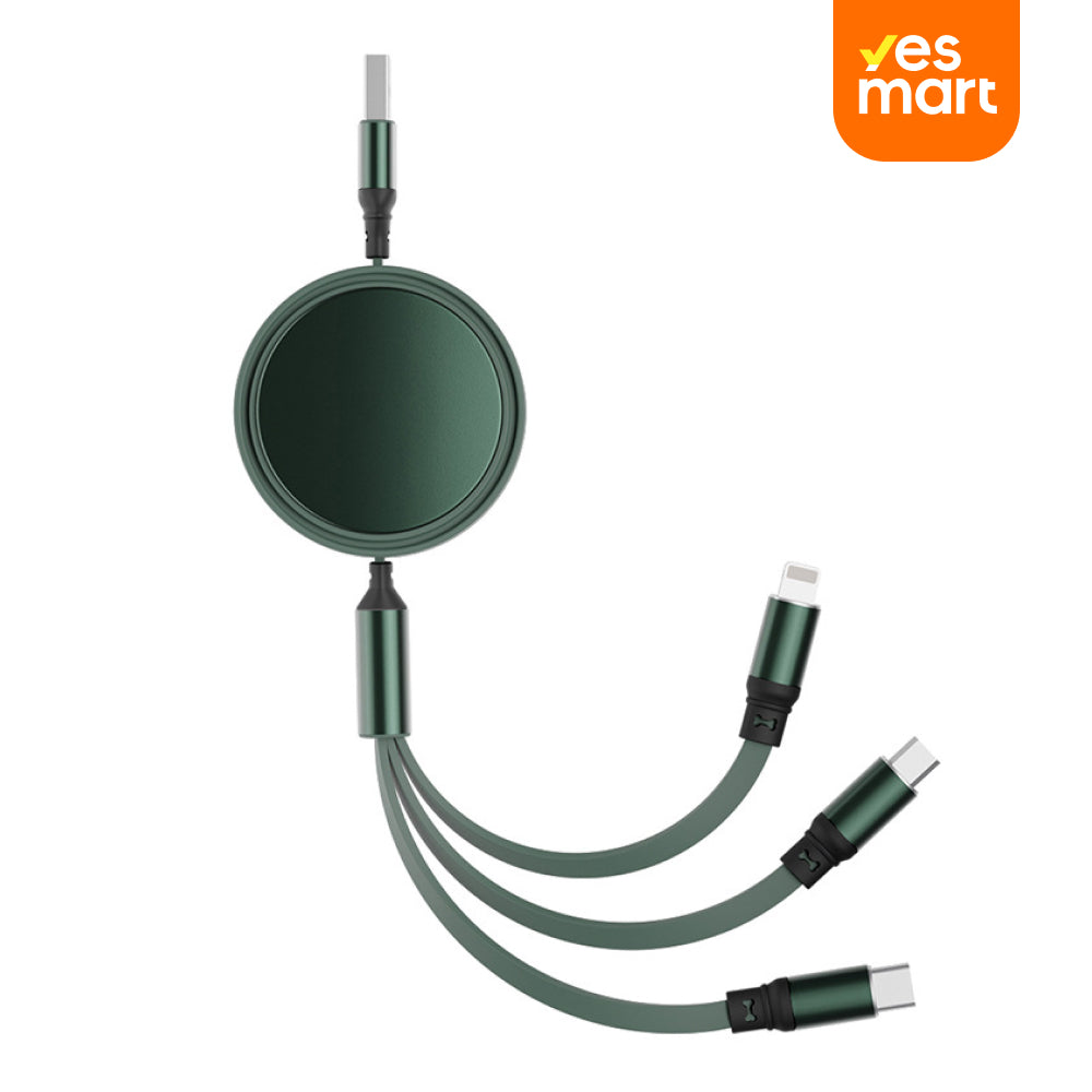 Cable de Carga 3 en 1 Retráctil para Auto, USB-C/Lightning/Micro USB, Portátil con Aluminio - CI022