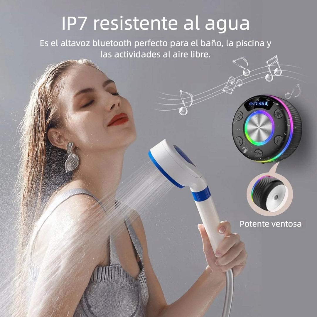 Altavoz Bluetooth para Ducha, Altavoces Portátiles IP7 a Prueba de Agua con Succión y Pantalla de Tiempo, Luces LED Dinámicas y Emparejamiento Estéreo Dual, Altavoz Inalámbrico con Micrófono para Baño, Playa – BS020