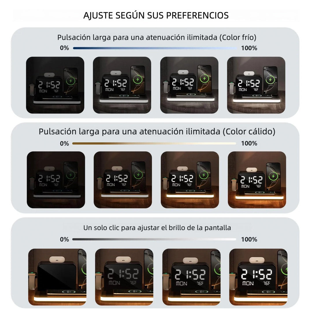 Estación de Carga Inalámbrica 7 en 1 con Reloj Bluetooth y Luz Ambiental – CI018