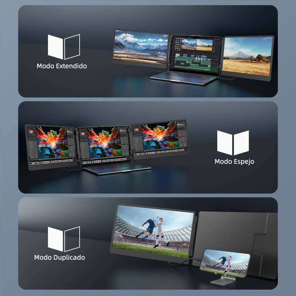 Monitor Triple Portátil Triple Boost 14" Pro, 3 Pantallas Full HD, Conexión USB-C Única, Aluminio - CD005
