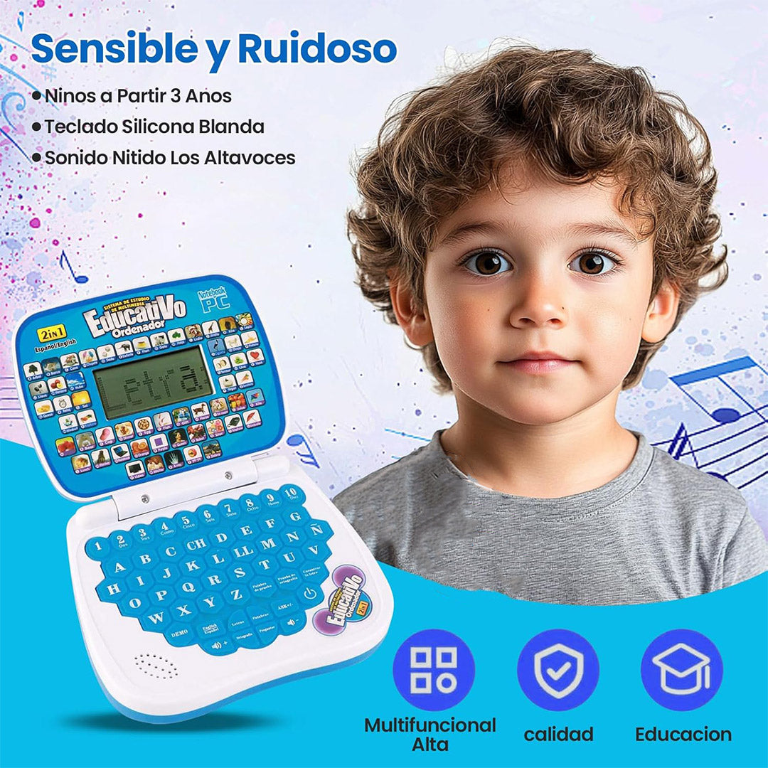 Laptop Educativa Bilingüe para Niños, Juguete Interactivo en Español e Inglés, Aprendizaje de Letras, Números, Palabras y Matemáticas, Computadora Infantil con Música y Luces JC013