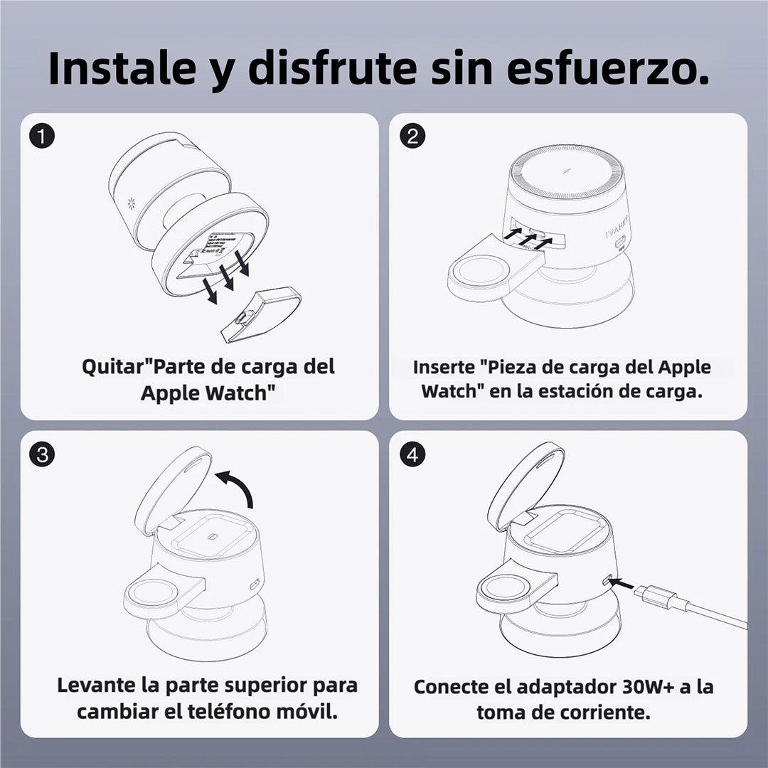 Estación de Carga Inalámbrica 4 en 1 para iPhone 16 Pro Max, iWatch Ultra y AirPods con Luz Nocturna y Soporte de Viaje, Carga Rápida 22.5W – CI014