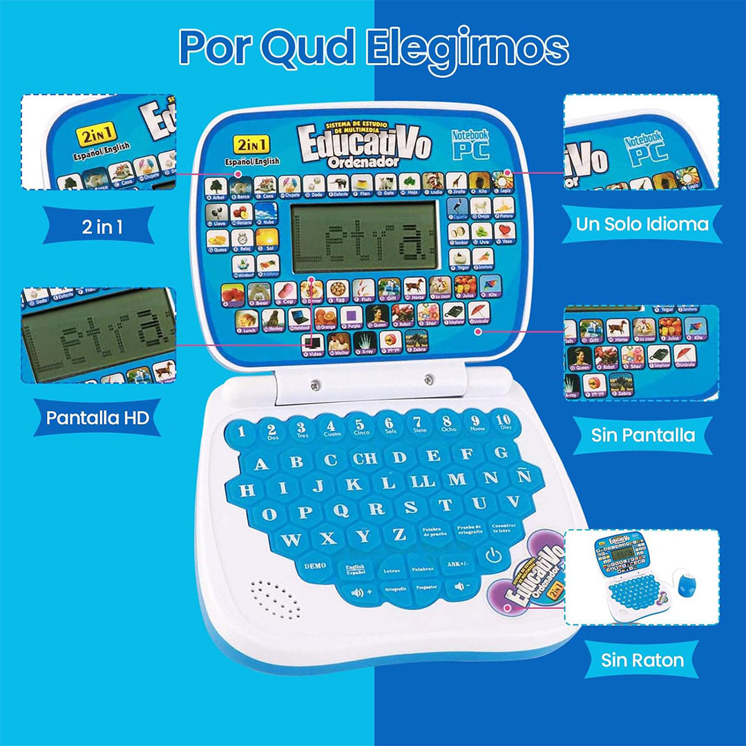 Laptop Educativa Bilingüe para Niños, Juguete Interactivo en Español e Inglés, Aprendizaje de Letras, Números, Palabras y Matemáticas, Computadora Infantil con Música y Luces JC013