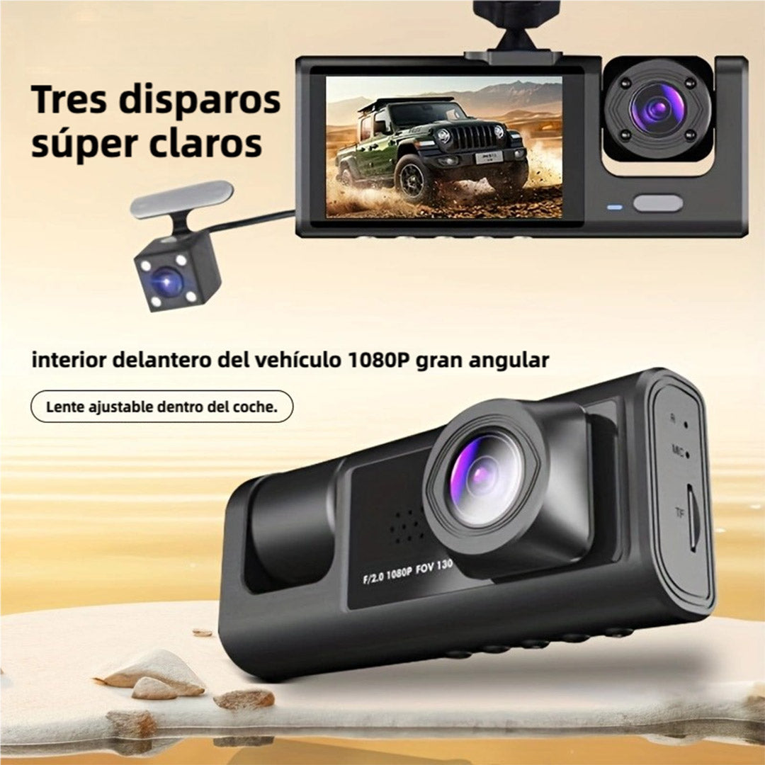 Cámara de Panel Frontal y Posterior de 3 Canales con Soporte - Grabación en Alta Definición, Visión Nocturna, Función de Bloqueo, y Grabación en Bucle - CV006