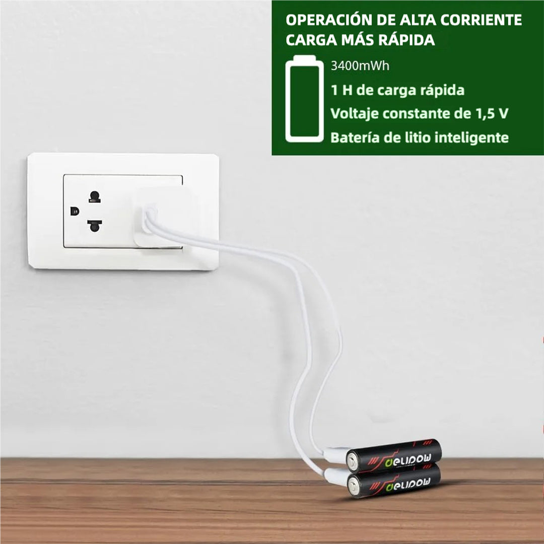 Baterías Recargables USB-C AAA 1.5V 3400mWh, Paquete de 4 Piezas con Carga Directa USB-C, Baterías Li-ion de Carga Rápida - BT003