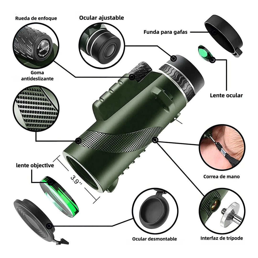 Telescopio Monocular de Alta Potencia 80x100, Compatible con Teléfonos Inteligentes, con Trípode y Prismas BAK-4, Ideal para Senderismo, Caza, Observación de Estrellas y Aves - HM003
