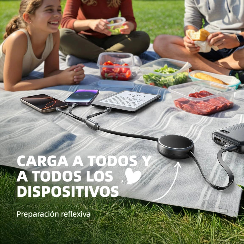 Cable de Carga 3 en 1 Retráctil para Auto, USB-C/Lightning/Micro USB, Portátil con Aluminio - CI022