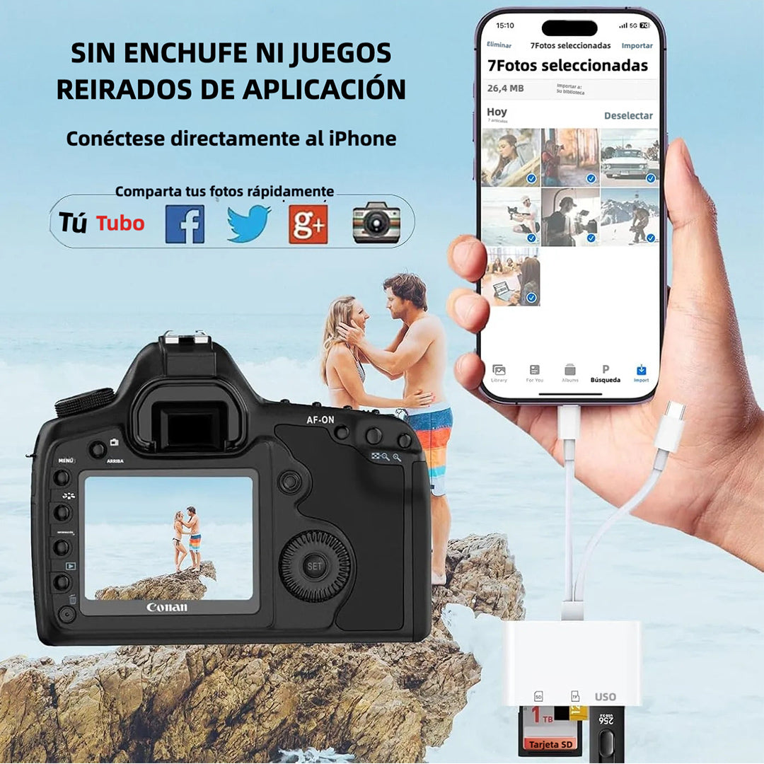 Adaptador de Tarjetas SD y USB 3.0 de 2 Puertos para iPhone, iPad, USB-C y Lightning - Lector de Memoria para SD, Micro SD, USB, Plug & Play - TM003