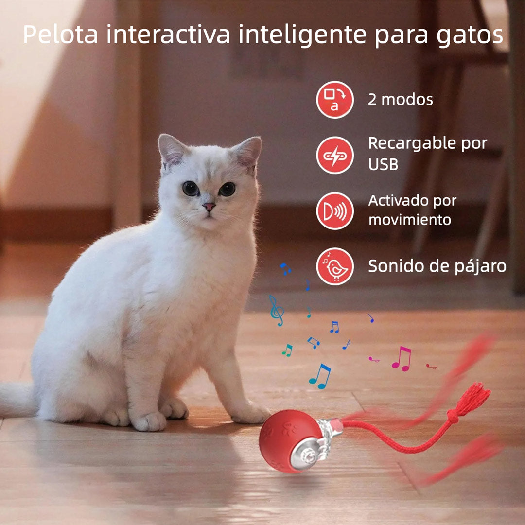 Juguete Interactivo para Gatos de Interior – Bola Rodante con Luz, Sonido de Pájaro y Cola Giratoria, Recargable por USB, Activación por Movimiento, para Alfombra y Madera – JM001