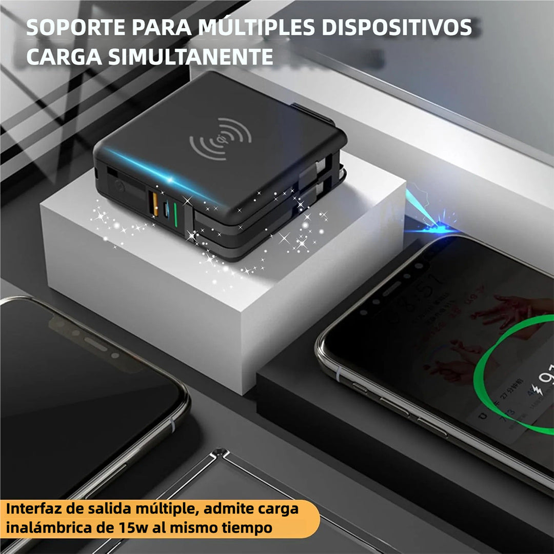 Banco de Energía 5 en 1 Internacional 10000mAh, Cargador Portátil Inalámbrico con Enchufe AC y Cable Integrado (Type-C y Lighting USB) - 4 Salidas y 2 Entradas BP005 - Yesmart