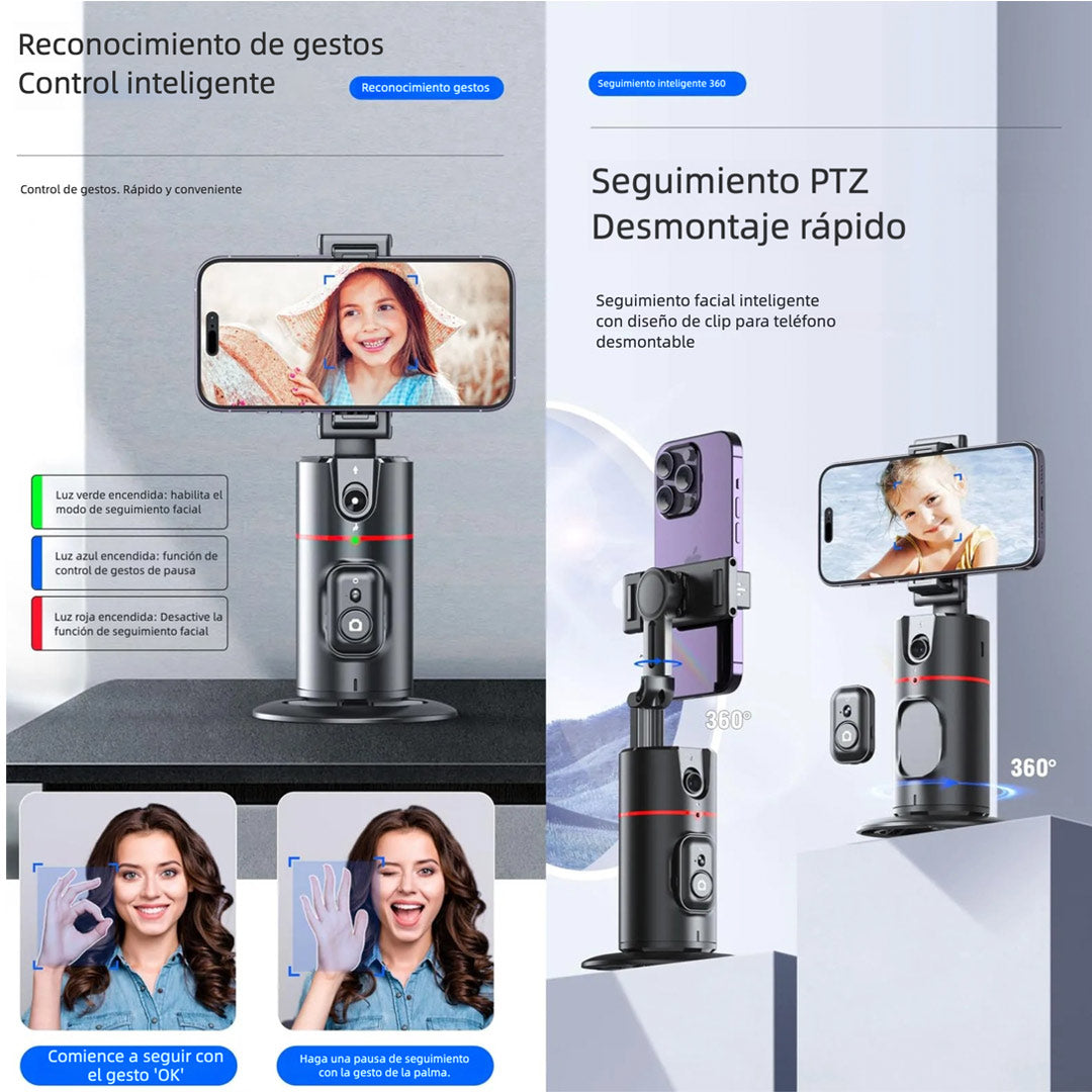 Soporte Inteligente para Celular con Seguimiento Automático – Trípode 360° con Cámara Incorporada, Sin App, Control Remoto, Recargable, para Live Streaming, Vlogging y Selfies – SC009