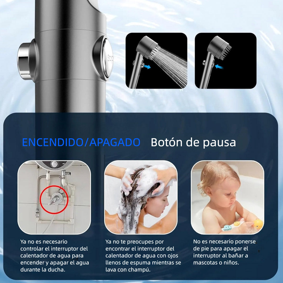 Cabezal de Ducha Filtrado con Mango, Alta Presión y Múltiples Modos de Rocío, Ducha con Filtro, Lavado a Presión para Agua Dura - AB001