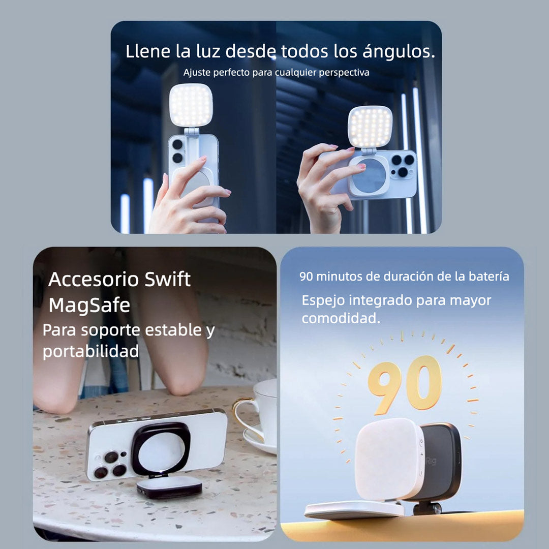 Luz Selfie Magnética con Espejo para iPhone, Compatible con MagSafe y Android, Luz LED Portátil Recargable para Video y Fotos – SC012