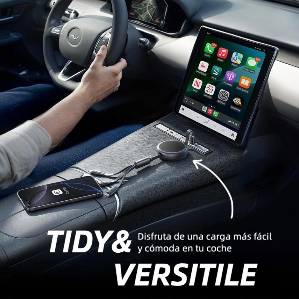 Cable de Carga 3 en 1 Retráctil para Auto, USB-C/Lightning/Micro USB, Portátil con Aluminio - CI022