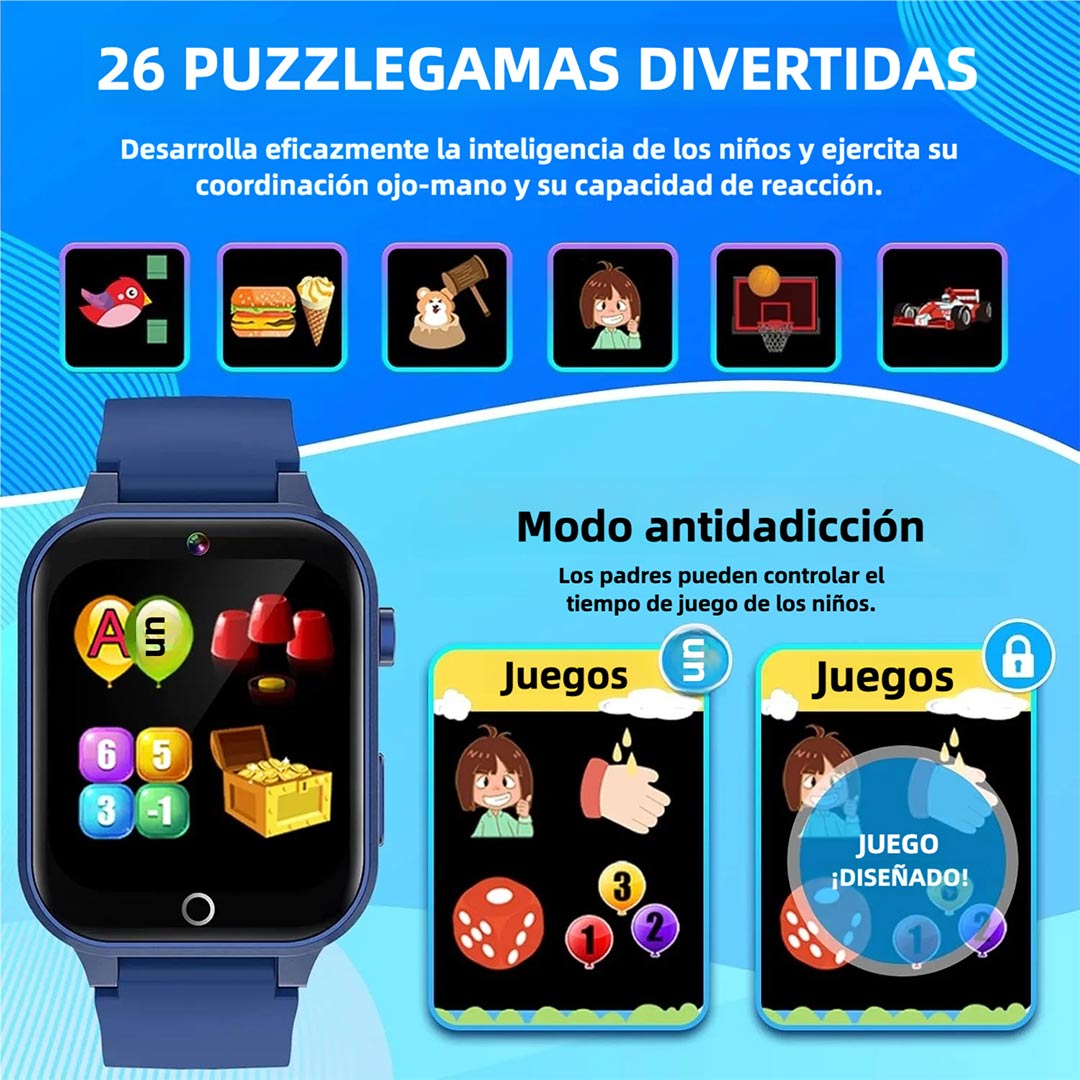 Reloj Inteligente para Niños y Niñas con 26 Juegos, Cámara HD, Reproductor de Música, Podómetro y Pantalla Táctil, Smartwatch Educativo y Multifuncional SW038