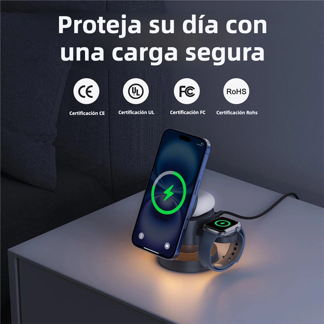 Estación de Carga Inalámbrica 4 en 1 para iPhone 16 Pro Max, iWatch Ultra y AirPods con Luz Nocturna y Soporte de Viaje, Carga Rápida 22.5W – CI014