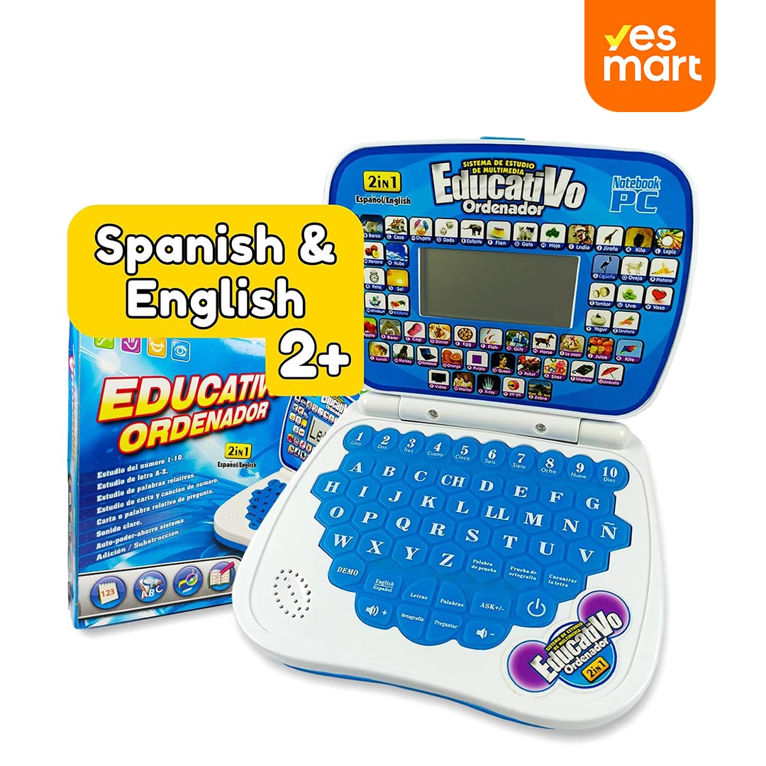 Laptop Educativa Bilingüe para Niños, Juguete Interactivo en Español e Inglés, Aprendizaje de Letras, Números, Palabras y Matemáticas, Computadora Infantil con Música y Luces JC013