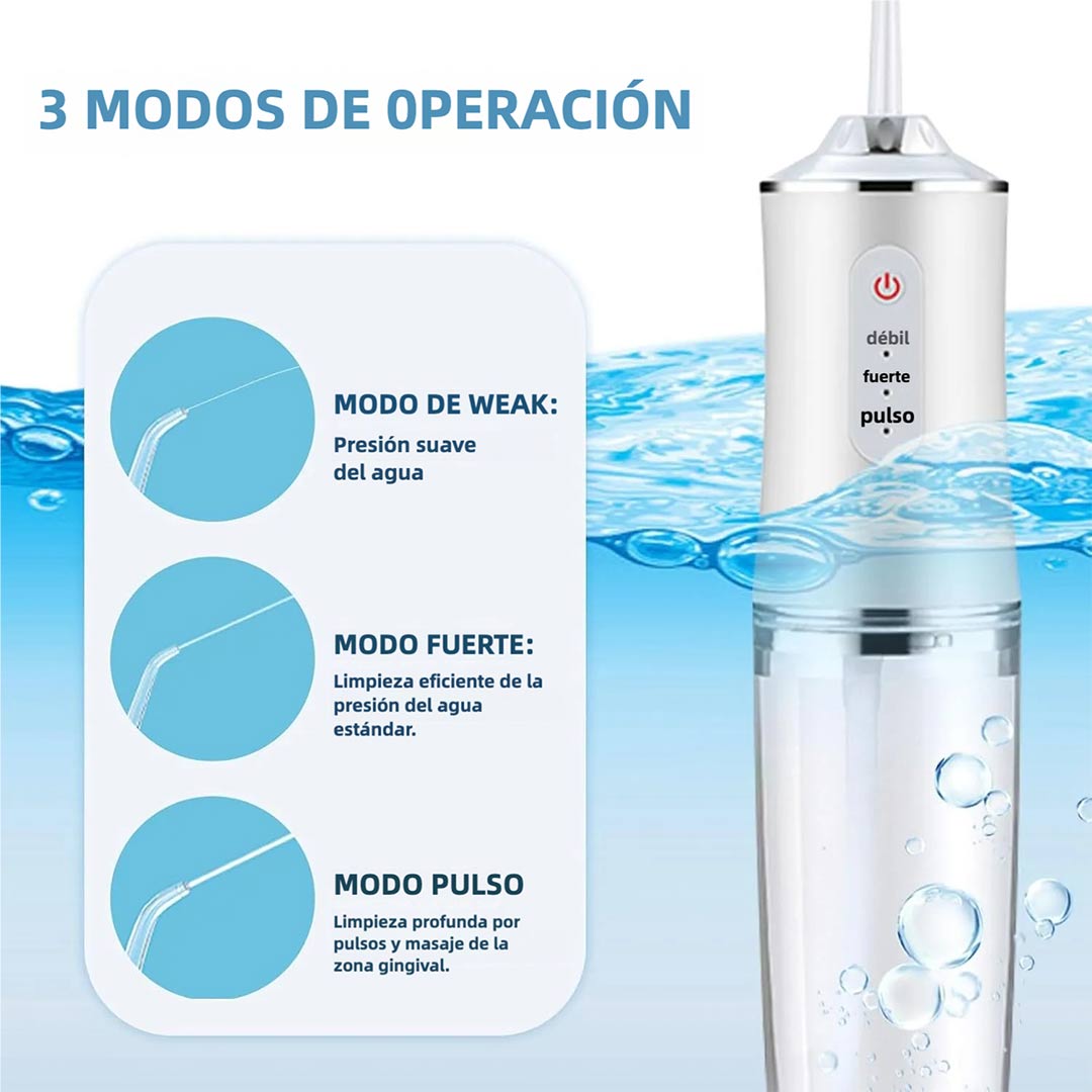 Hilo Dental Eléctrico Recargable para Dientes con 3 Modos, 4 Consejos de Chorro, Irrigador Oral Portátil, Limpiador de Encías y Tonsilas, 300ml de Capacidad, Impermeable IPX7, Batería de Larga Duración, CS002