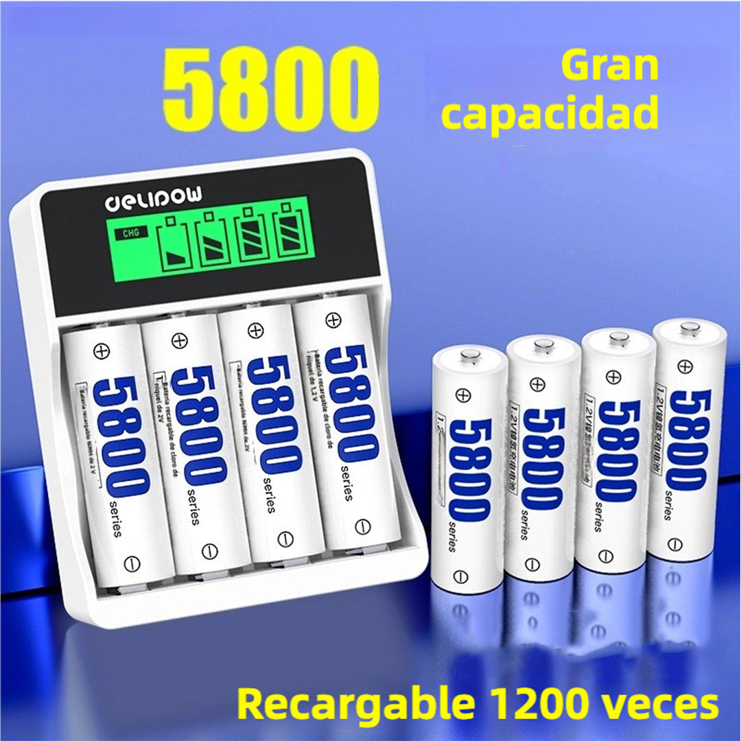 Baterías Recargables AA de Litio5800mWh con Cargador USB LCD Rápido de 2 Horas, 1.5V y 1500 Ciclos para Electrónicos, Teléfonos Inalámbricos y Controles Remotos - BT005
