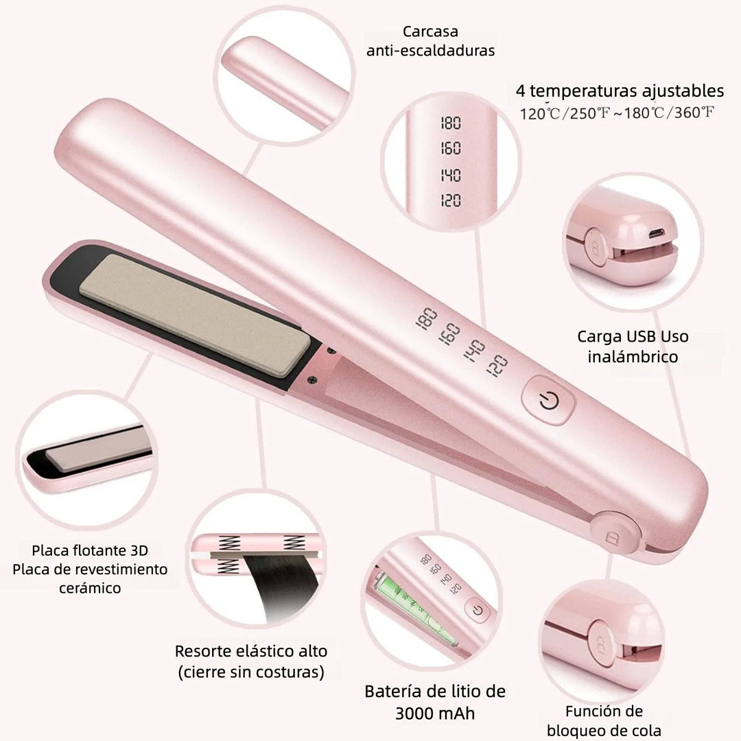 Plancha de Cabello Inalámbrica – Alisadora Recargable 4 Niveles de Calor, Placas de Cerámica, para Cabello Fino y Suave, Ideal para Viaje, Ondas y Rizos con Calidad de Salón – SE008